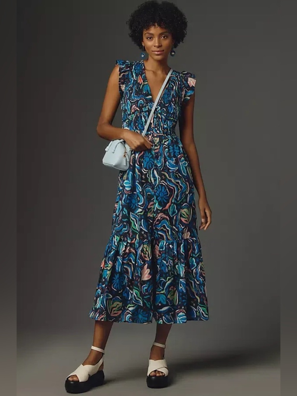 Anthropologie Peregrine Midi Dress Blue Printed Floral Sleeveless.